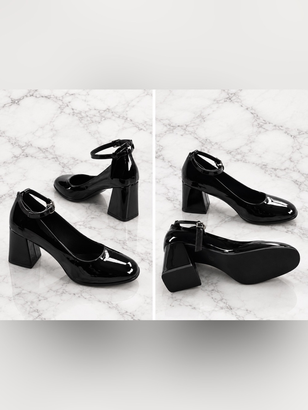 Patent Black Ankle-Strap Block Heel Pumps